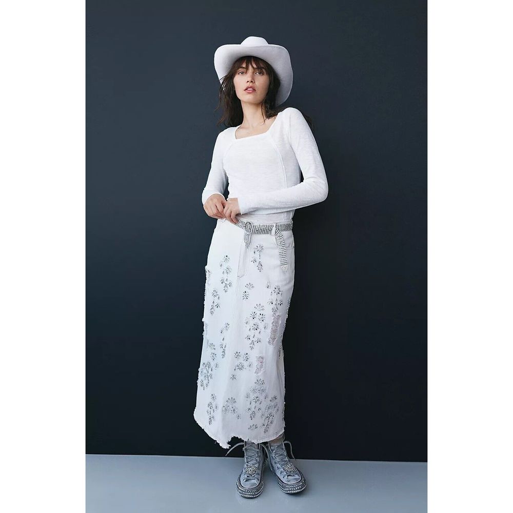 We the free White denim Maxi Skirt with Crystal appliqué Silver beads size 2